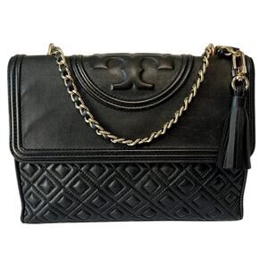 Tory Burch Fleming Leather Convertible Shoulder Bag Crossbody Black Quilted